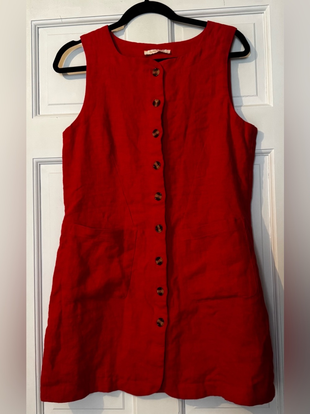 Olivaceous Red Button-Front Linen Dress